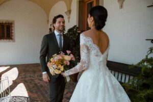Villa Terrace wedding Milwaukee first look in courtyard