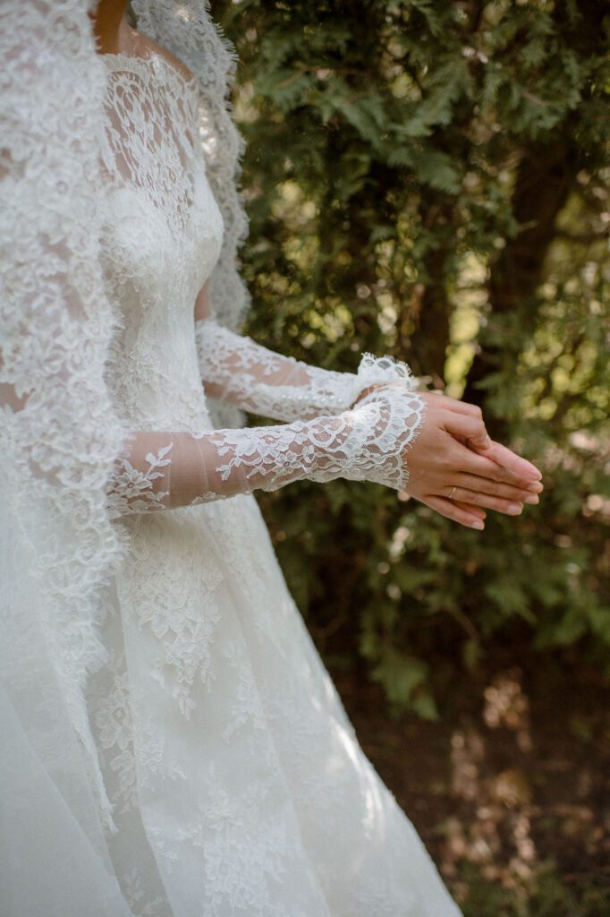 Monique lhuillier dress lace details Wisconsin wedding bride