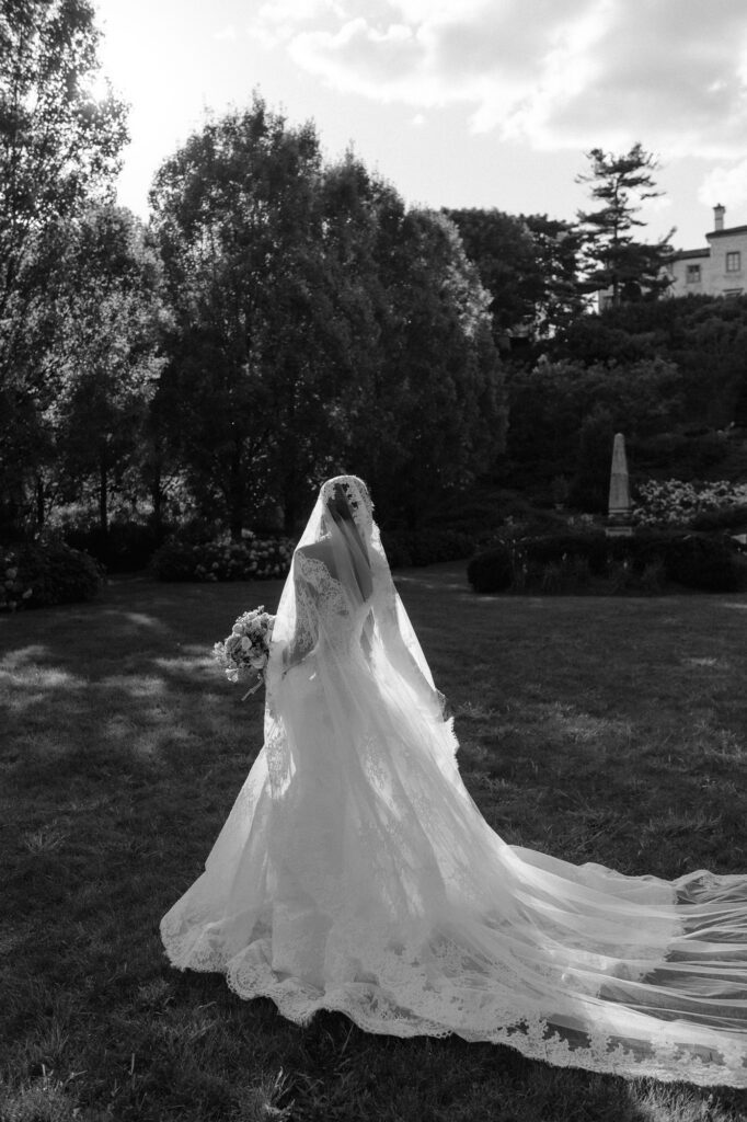 Bride in garden at Villa Terrace wedding photos Milwaukee