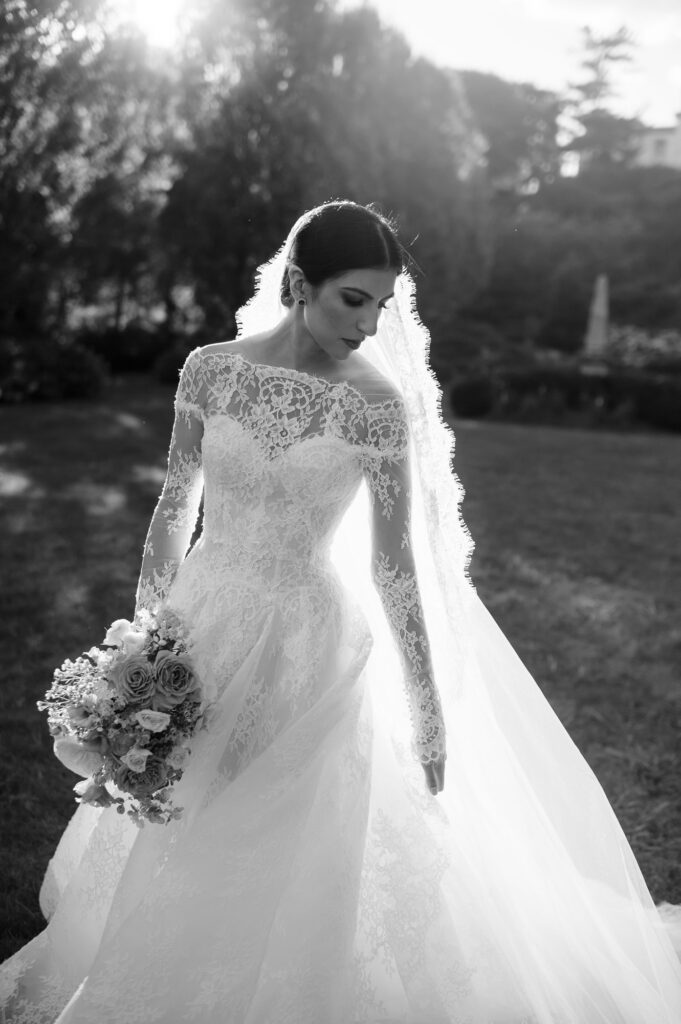 Bride in garden at Villa Terrace wedding photos Wisconsin