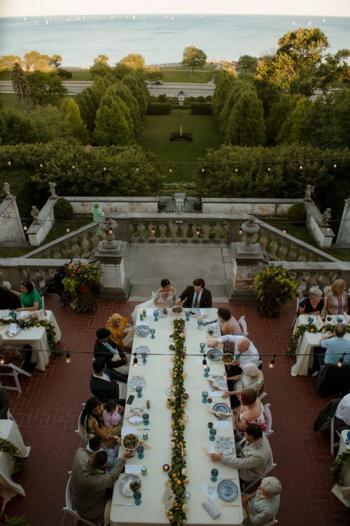 Overhead dinner view of wedding reception on terrace at Villa Terrace Milwaukee