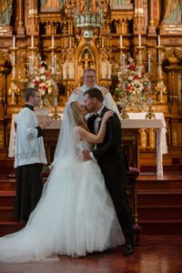 First kiss of newly married couple in Milwakuee, Wisconsin