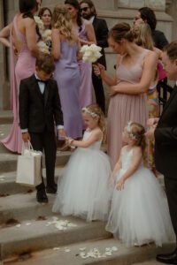 Newly married couple celebrate with confetti at ceremony in Milwaukee, Wisconsin