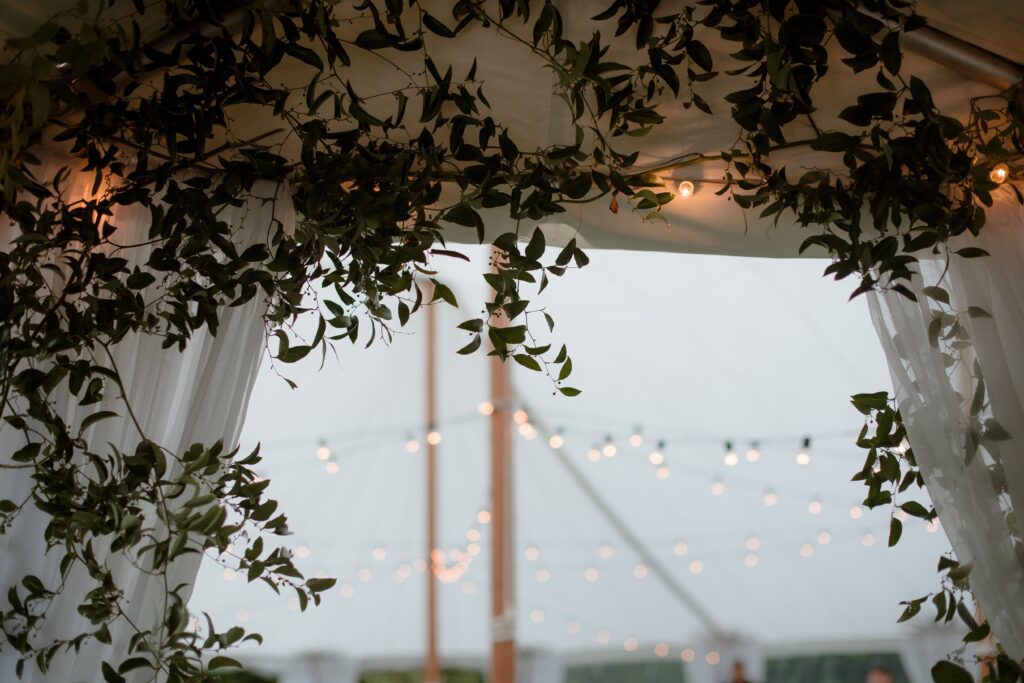 Tent and greenery detail shot at River Wildlife wedding