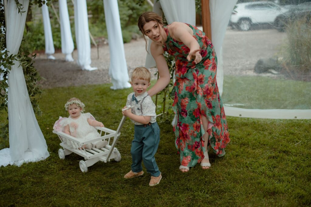 Wedding guests at tent wedding at American Club in Kohler