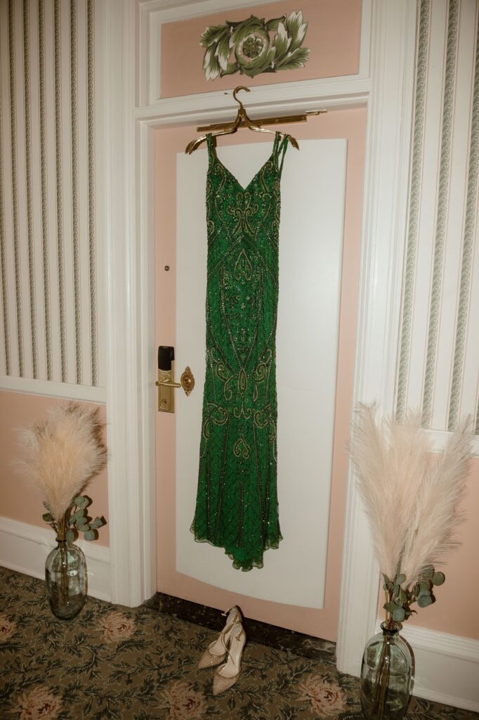 Green wedding dress at Pfister Hotel in Milwaukee