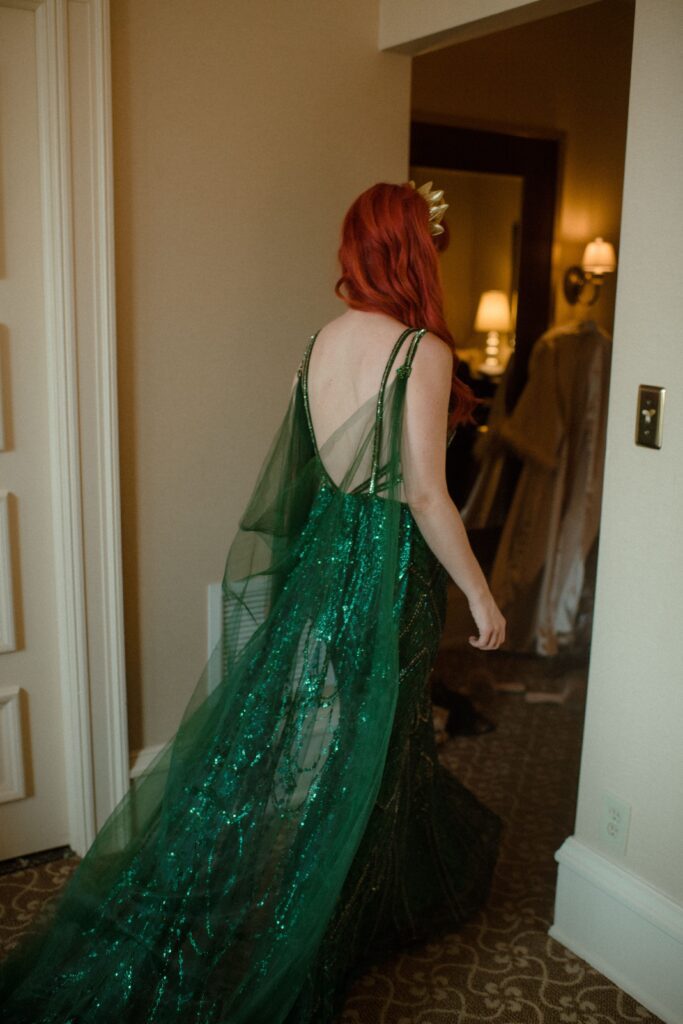 Redhead bride in a green wedding dress at Pfister Hotel in Milwaukee