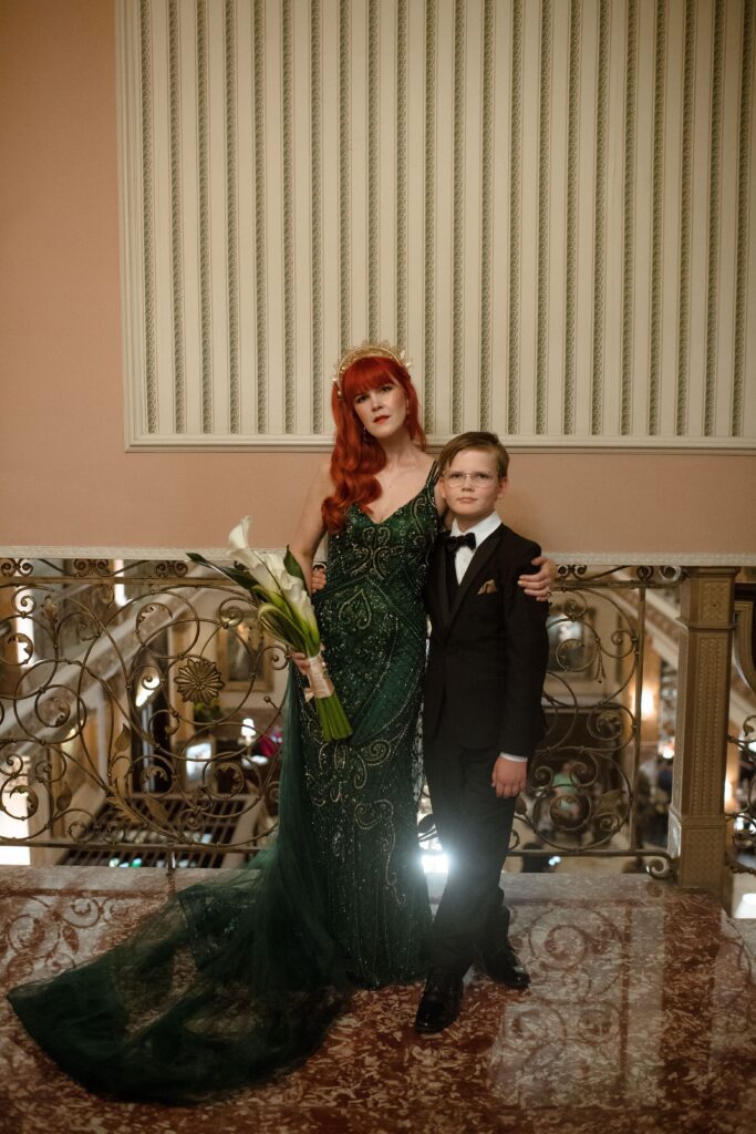 Bride and son portrait at the Pfister Hotel in Milwaukee