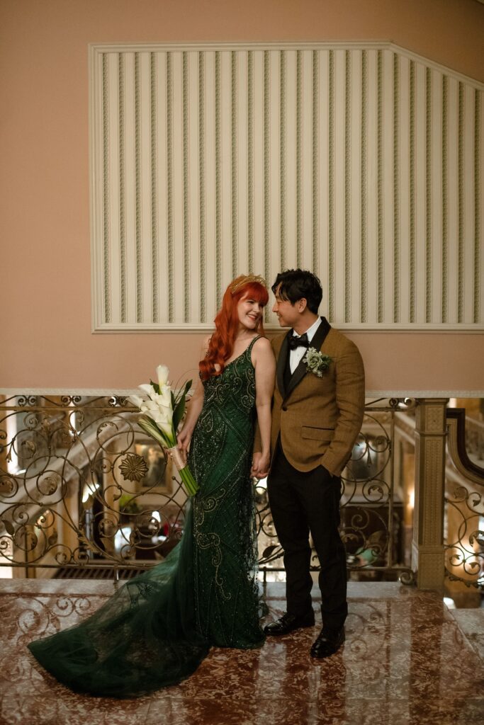 Bride and groom portrait in the lobby at Pfister Hotel in Milwaukee