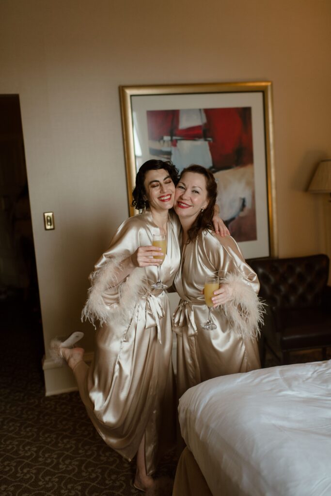 Bridesmaids in hotel room at Pfister Hotel in Milwaukee