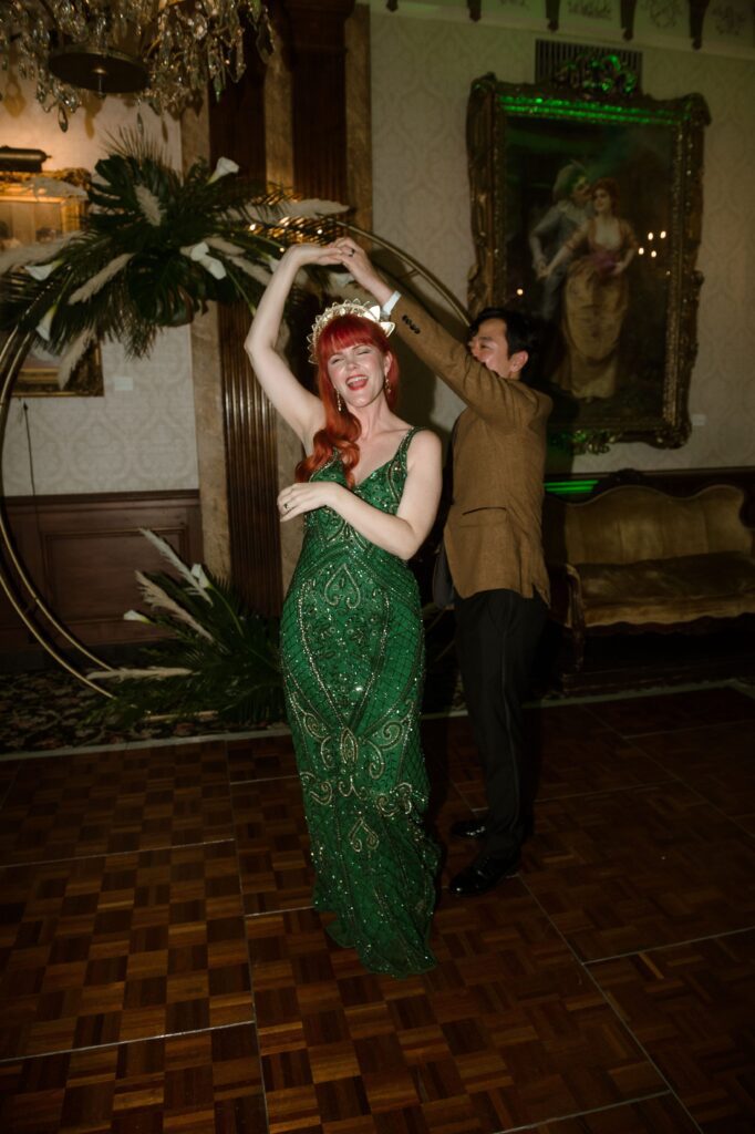 Bride and groom dance together at the Pfister Hotel in Milwaukee