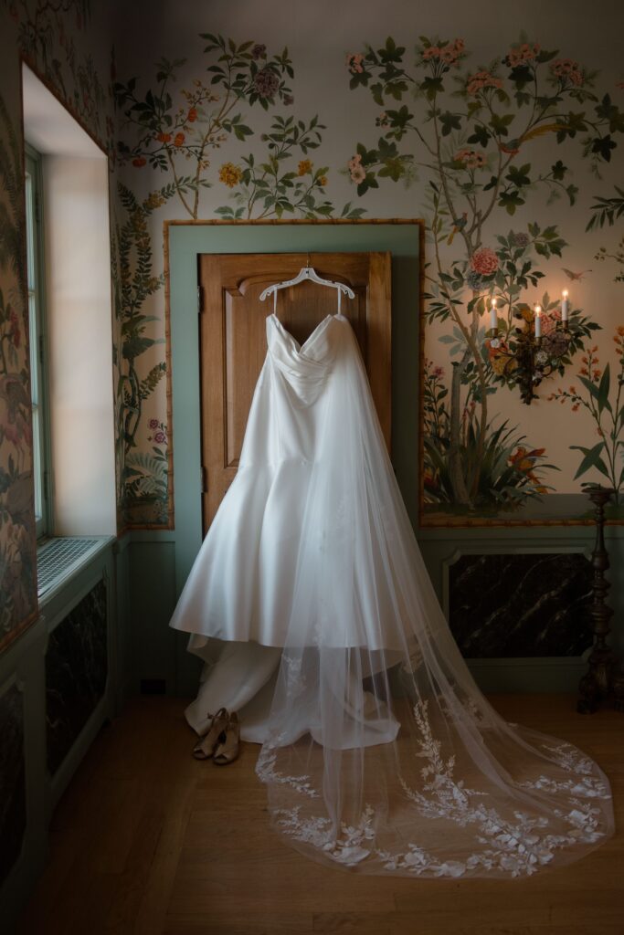 Wedding dress hanging up at Villa Terrace in Milwaukee