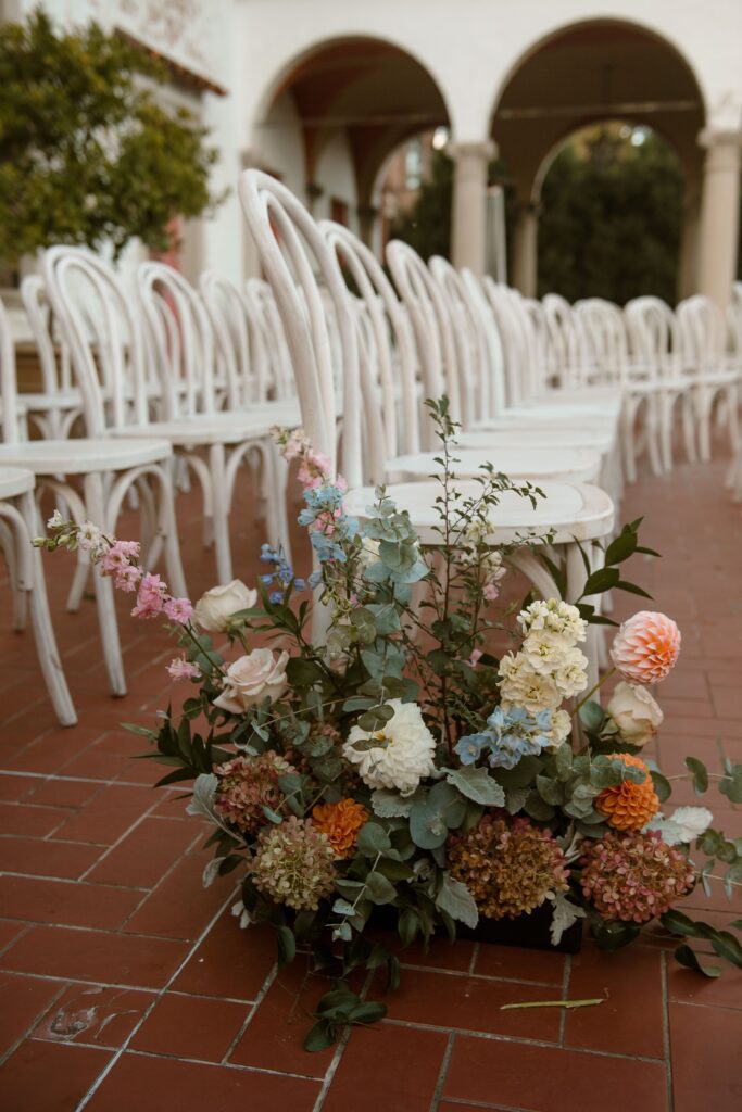 Dahlia bouquet at wedding ceremony in Milwaukee