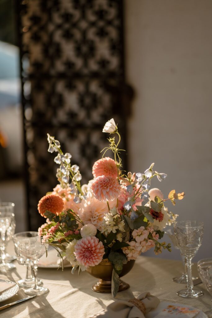 Peony table arrangement at Villa Terrace wedding reception