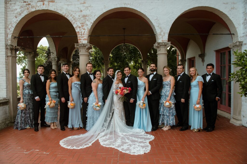 Bridal party portrait in front of Villa Terrace architecture