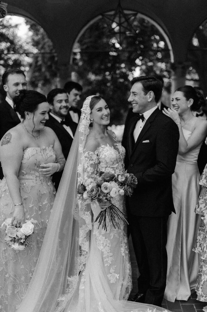 Black and white portrait of bridal party at Villa Terrace