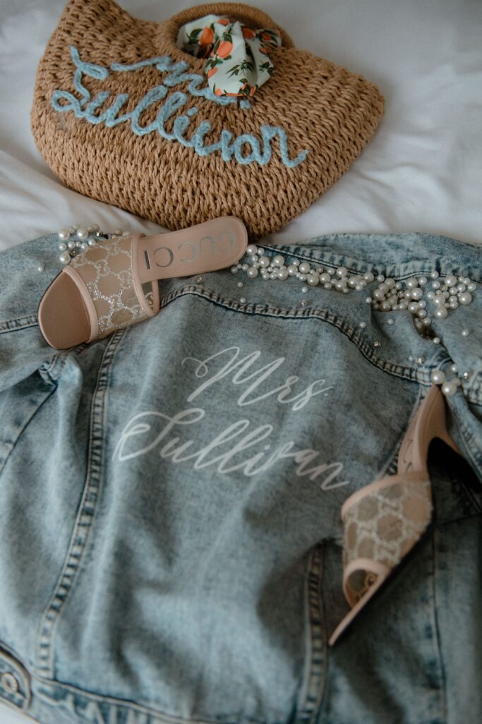 Bridal jacket, shoes and custom name bag