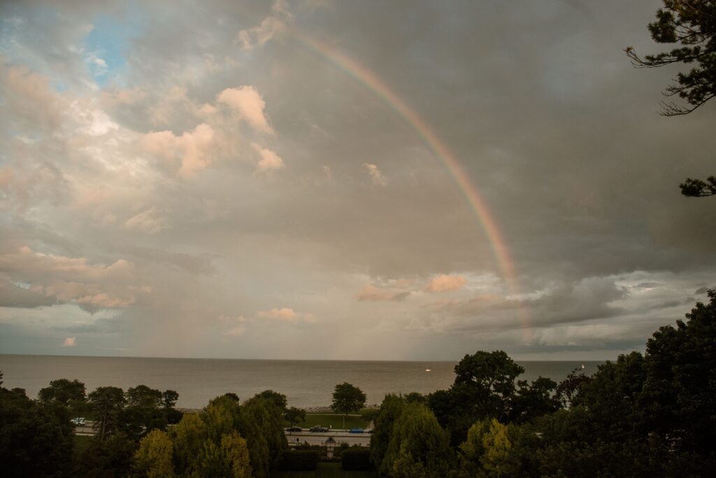 Rainbow over the water outside Villa Terrace in Milwaukee