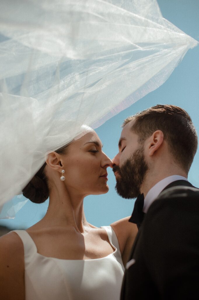 Bride and groom portrait at their micro wedding in downtown Chicago.
