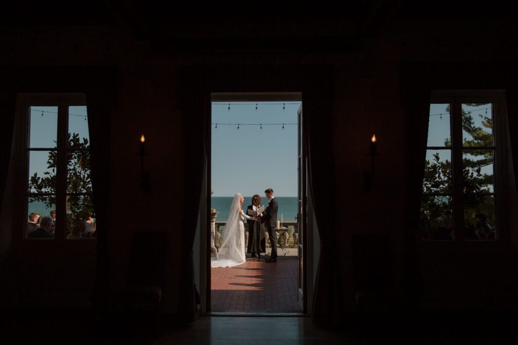 On outdoor wedding ceremony overlooking Lake Michigan at Villa Terrace