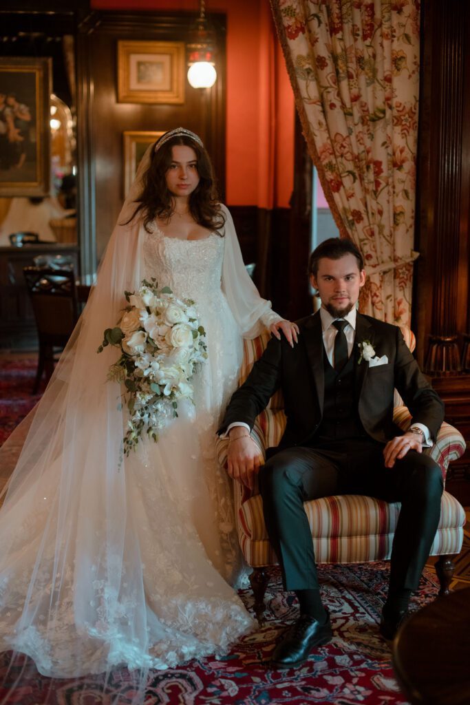 Old-world portraits of wedding couple at The Wisconsin Club