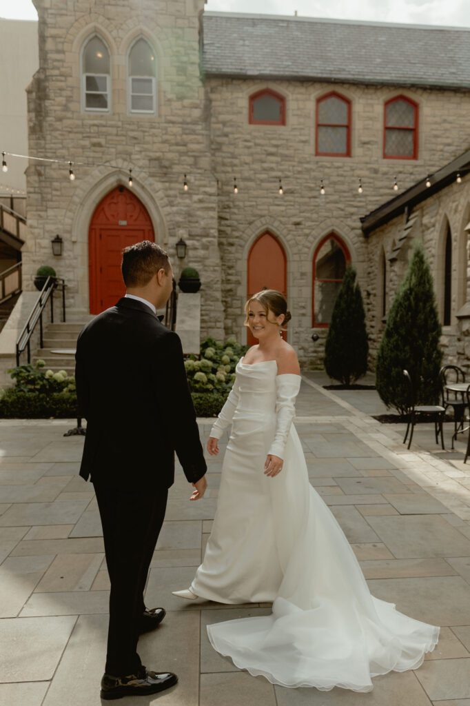 Bride and groom first look at St. James 1868 in Milwaukee