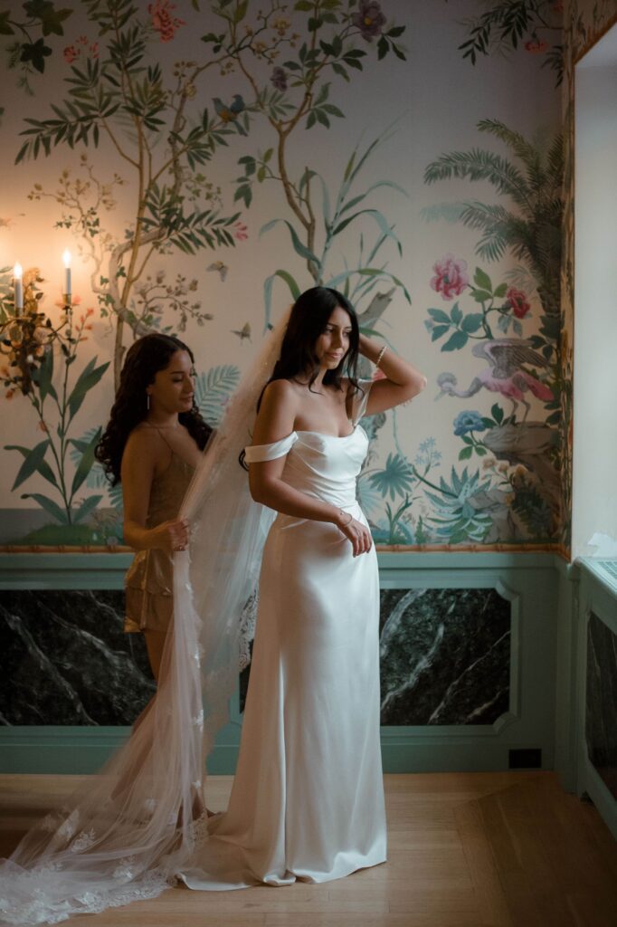 Bride getting ready portrait inside Villa Terrace suite