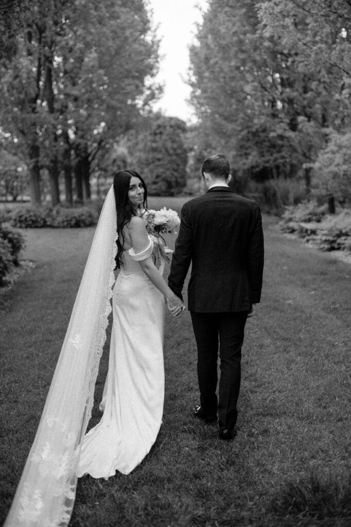 Romantic bride and groom photo on Villa Terrace grounds